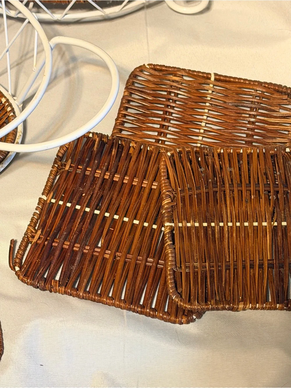 White Wire Wicker Serving Basket Set French Country Cottagecore Kitchen Decor